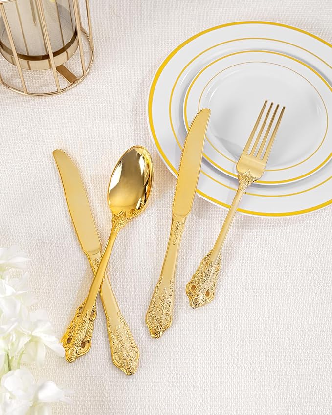 bUCLA 300PCS Gold Plastic Silverware Disposable - Heavy Duty Plastic Cutlery - Gold Disposable Utensils Set - Include 100 Knives, 100 Forks, 100 Spoons for Party & Thanksgiving
