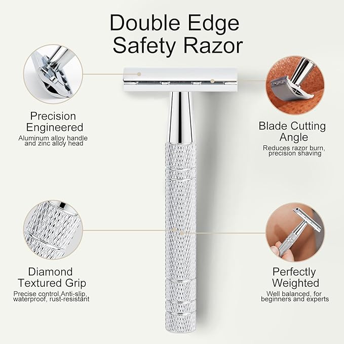 Double Edge Safety Razor with Stand, Single Blade Razors for Men and Women, Metal 1 Blade Razor, with 10 Platinum Coated Stainless Steel Double Edge Blades, Smooth and Close Shave, Silver-BrightBean Baby