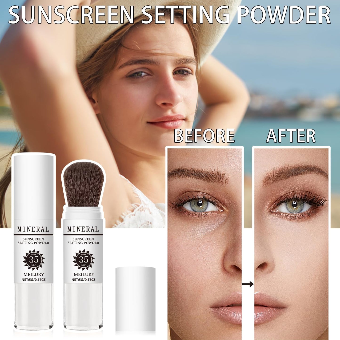 Sunscreen Setting Powder SPF 35, Mineral Brush Powder for Face & Scalp, Oil Control Natural Matte Finish Loose Powder Translucent Lasting Lightweight Breathable for All Skin (03# White)-BrightBean Baby