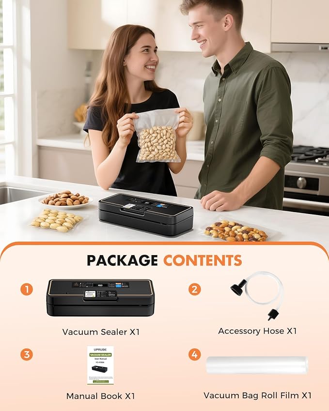 Vacuum Sealer for Food, 95kPa Food Vacuum Saver Sealer Machine, 120W 12L/min Fast-Sealing with Auto Tear-Cut,Digital Timer, Built-in Cutter, Bag Storage and One Bag Roll, 9-in-1 Compact Vacuum Sealer