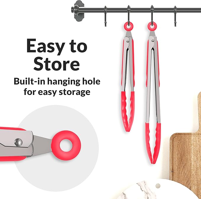 Zulay Stainless Steel Kitchen Tongs with Silicone Tips - Set of 2 (9” & 12”) Locking Cooking Tongs with Non-Slip Grip - Heat Resistant, BBQ Food Tongs for Non-Stick Cooking Pans (Silver/Soft Red)