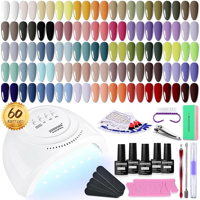JODSONE 60 PCS Gel Nail Polish Kit with U V Light 55 Colors No Wipe Beautiful Colors Nail Gel Polish Base Top Coat Manicure Gifts for Salon and at Home-BrightBean Baby