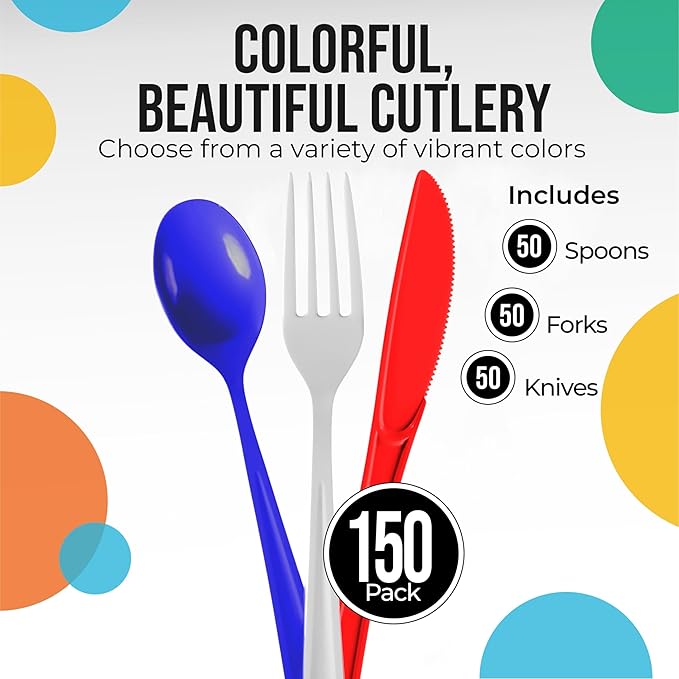 Party Solids Patriotic Plastic Silverware Heavy Duty 150 Pieces Patriotic Plastic Cutlery Sets, Utensil Sets, 50 Of Each Forks, Knives & Spoons Disposable Cutlery Set, Flatware Set For Party Supplies