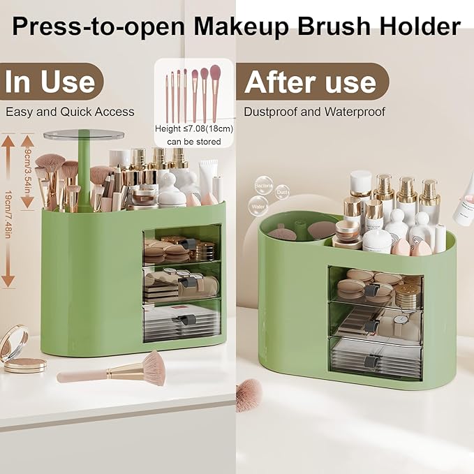 DASITON Makeup Organizer with 3 Drawers,Automatic Lifting Makeup Brush Holder with Lid,Large Capacity Makeup Organizers for Vanity,Bathroom Countertop,Ideal Storage Skin Care,Brushes,Lipstick (Green)-BrightBean Baby
