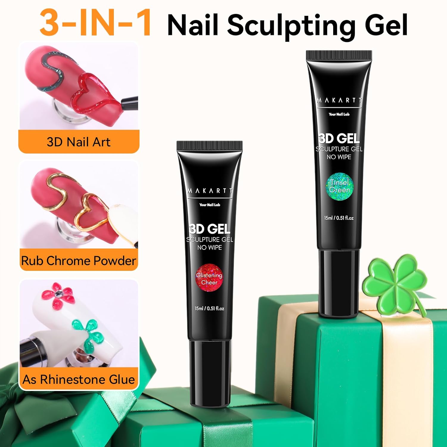 Makartt 3D Sculpting Gel for Nail Art Kit: 3D Nail Gel for Nail Art, 15ml No Wipe Polish for Molding Drawing, Embossed Gels for Nail DIY Manicure - Glistening Cheer & Tinsel Green (2PCS)-BrightBean Baby