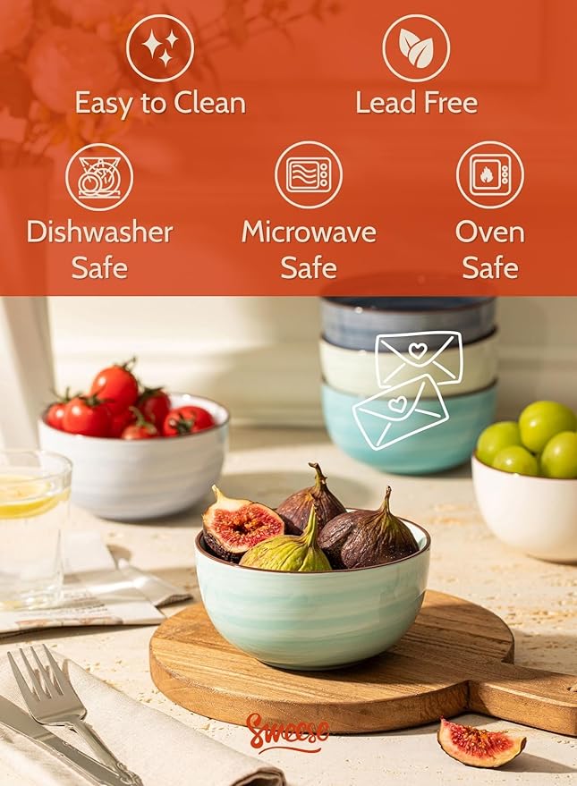 Sweese 10 Oz Ceramic Ice Cream Bowls, Set of 6, Dishwasher Microwave Safe Dessert Bowls in Assorted Cool Colors