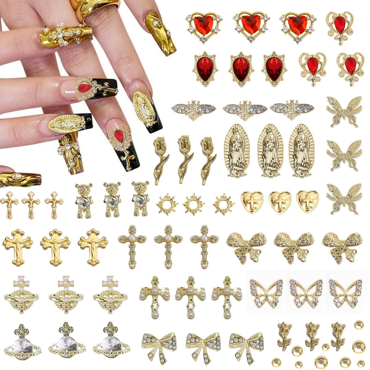 80+ Pcs Golden Nail Charms with Nail Art Rhinestones Gold Cross Virgin Mary and Rose Nail Gems for Acrylic Nails Accessories for Women Nail Decorations Manicure Craft DIY Supplies-BrightBean Baby