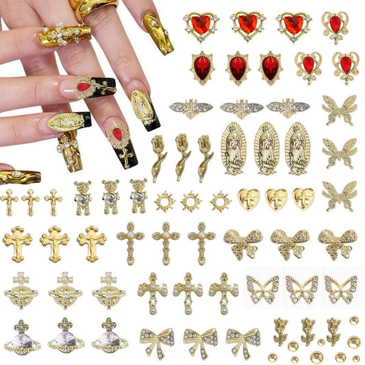 80+ Pcs Golden Nail Charms with Nail Art Rhinestones Gold Cross Virgin Mary and Rose Nail Gems for Acrylic Nails Accessories for Women Nail Decorations Manicure Craft DIY Supplies-BrightBean Baby