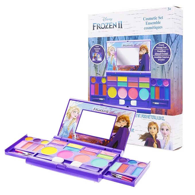 Disney Frozen Elsa Anna Cosmetic Compact Set with Mirror 22 lip glosses, 4 Body Shines, 6 Brushes Colorful Portable Foldable Washable Makeup Beauty Kit Box Set for Girls Kids Toddler-BrightBean Baby