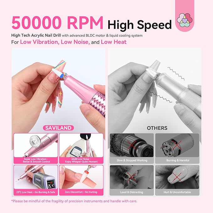 SAVILAND Electric Nail Drill Professional: 50000 RPM Electric Nail File Rechargeable Cordless Nail Drill Kit with Ceramic Drill Bits for Quick Acrylic Nail Removal Ambient Light Leopard Heart Print-BrightBean Baby