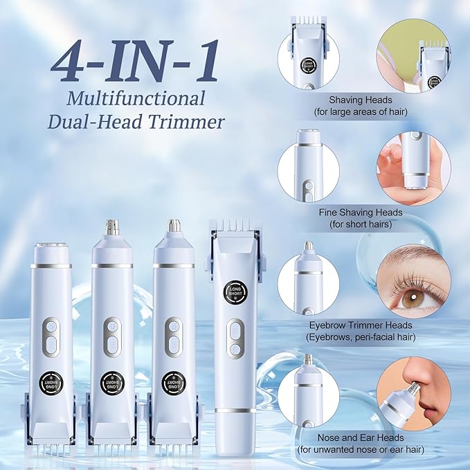 Bikini Trimmer for Women, 4 in 1 Wet/Dry Electric Razors for Women - Dual Head, Painless Rechargeable Portable Womens Razors for Shaving Set for Face, Nose, Eyebrows, Armpits, Bikini Area (Blue)-BrightBean Baby