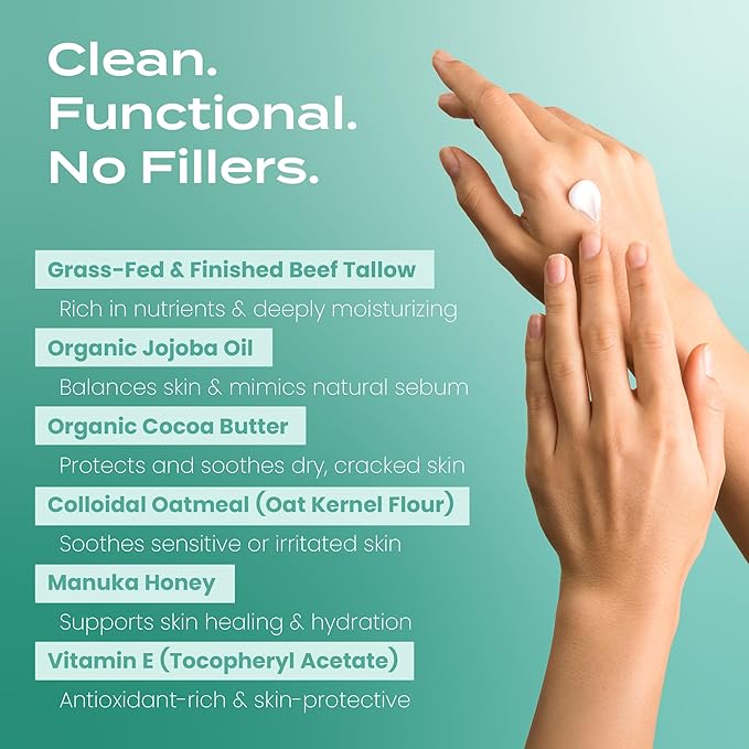 Body Restore Grass Fed Whipped Beef Tallow for Skin, Face, Body, Dry Skin - with Manuka Honey, Jojoba Oil, Birthday Gifts for Women, Men, Travel Essentials, Self Care - Eucalyptus-BrightBean Baby