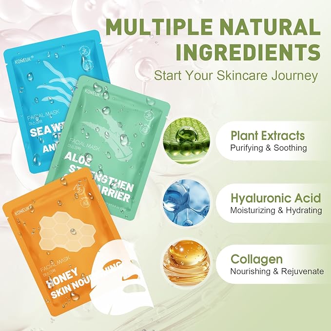 48 Pack Collagen Hydrating Face Masks Skincare for Women, Moisturizing & Soothing Face Mask for All Skin Types, Facial Masks Set Spa Gifts for Women, Bulk Sheet Face Mask for Skin Care-BrightBean Baby