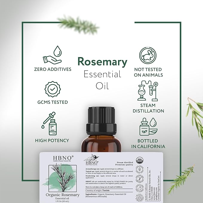 HBNO California Bottled Organic Rosemary Essential Oil 1 fl oz (30ml) - USDA Certified Organic Rosemary Essential Oil for Aromatherapy, Soap Making, DIY, Fragrances, Diffuser-BrightBean Baby
