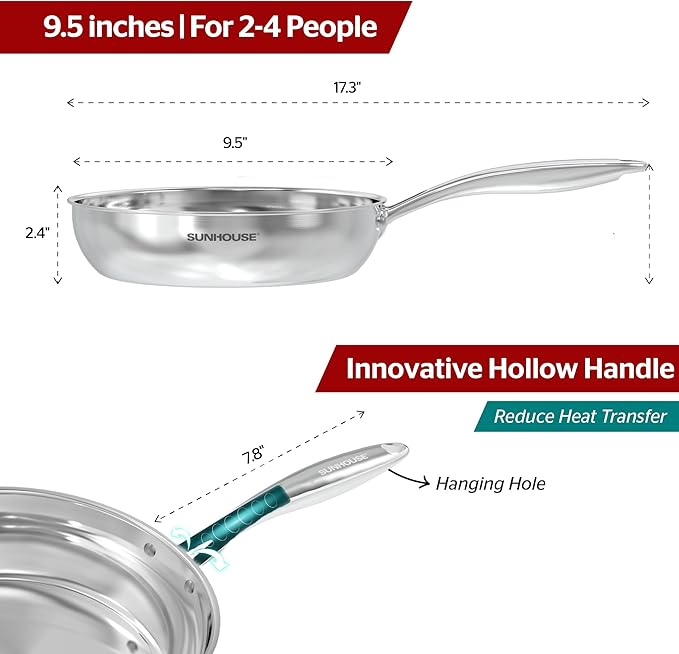 SUNHOUSE Tri-Ply Stainless Steel Frying Pan - 9.5 Inch (24cm)