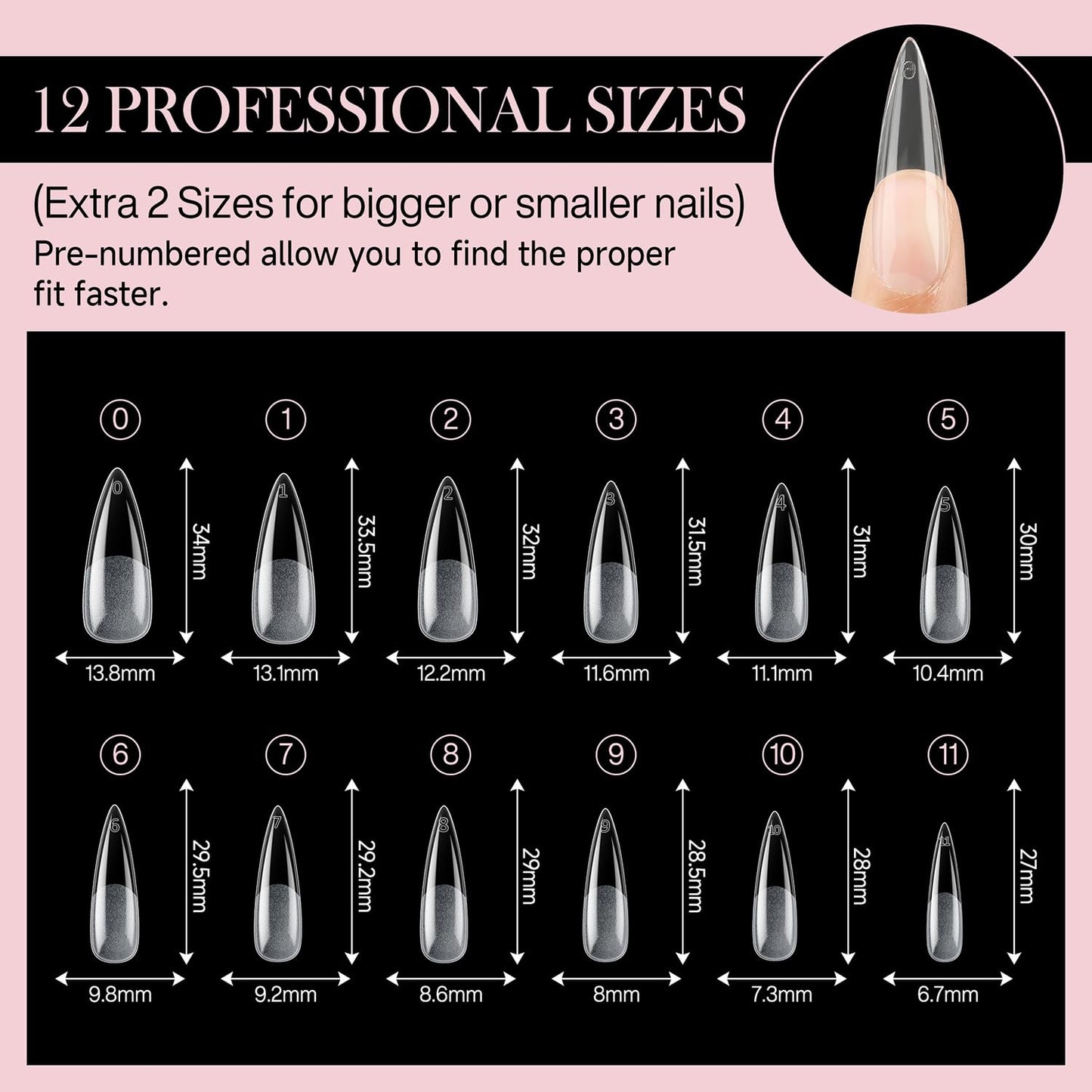 Long Amond Nail Tips: 504pcs Stiletto Gel Nails Tips Half Matte Full Cover Clear False Fake Nails for DIY Nail Art Press On Nails Acrylic Extensions 12 Sizes-BrightBean Baby