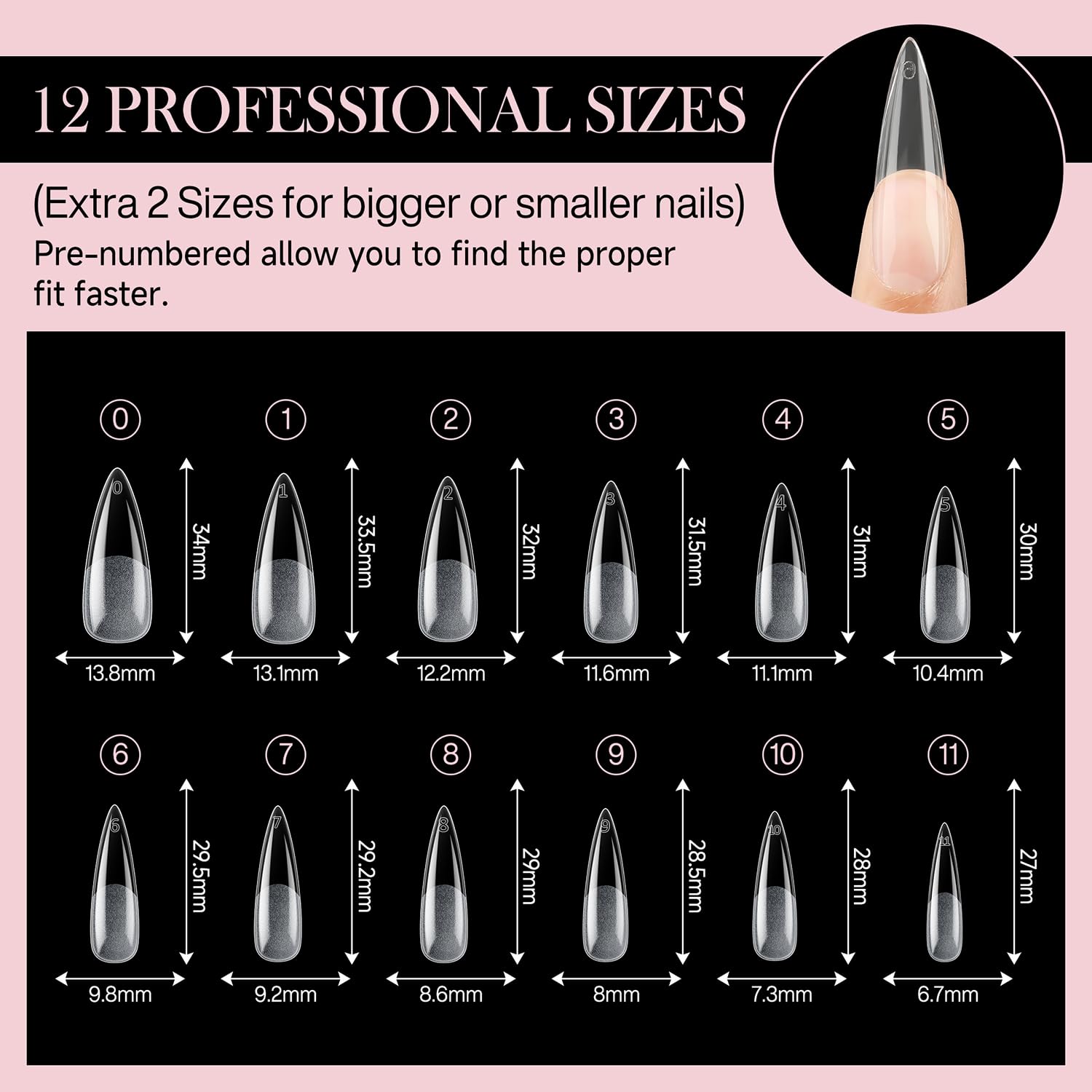 Long Amond Nail Tips: 504pcs Stiletto Gel Nails Tips Half Matte Full Cover Clear False Fake Nails for DIY Nail Art Press On Nails Acrylic Extensions 12 Sizes-BrightBean Baby
