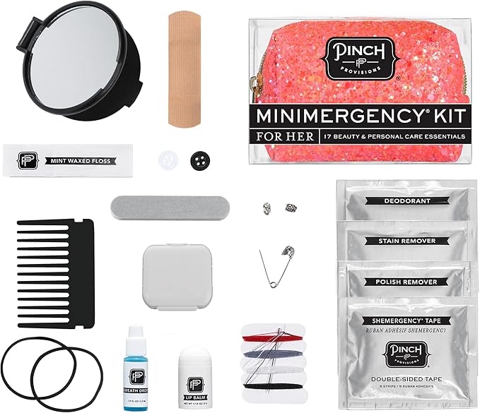 Pinch Provisions Coral Glitter Minimergency Kit, includes 17 Travel-Sized Cosmetic Essentials, Convenient for Purses, Emergency Beauty Accessories, Gifts for Holiday’s & Birthday’s-BrightBean Baby