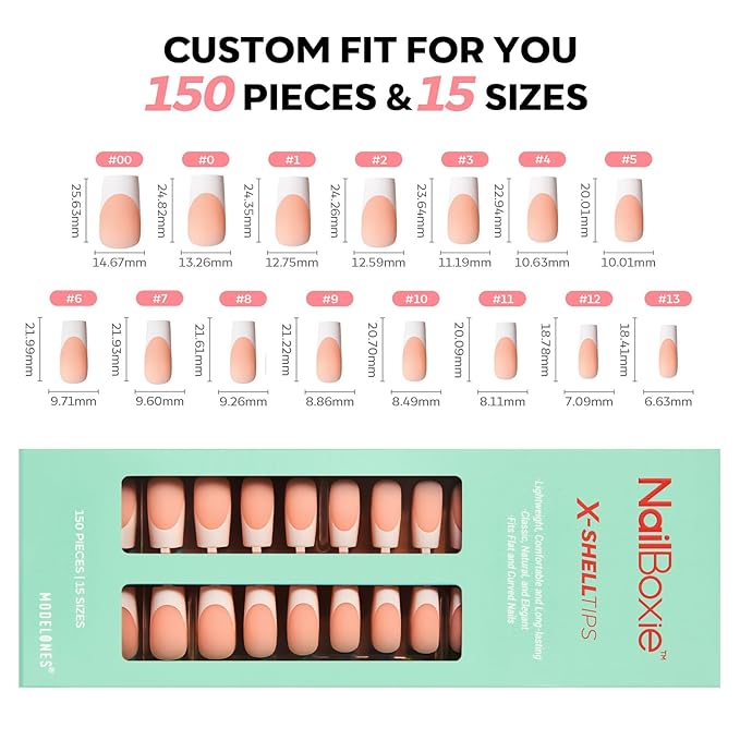 modelones French Tip Press on Nails, 150Pcs Long Square Fake Nails with Nail Box, Deep Nude Gel Nail Tips for Women, Soft Glue-On Nails for Natural Salon Look, DIY Nail Art Kit (15 Sizes)-BrightBean Baby