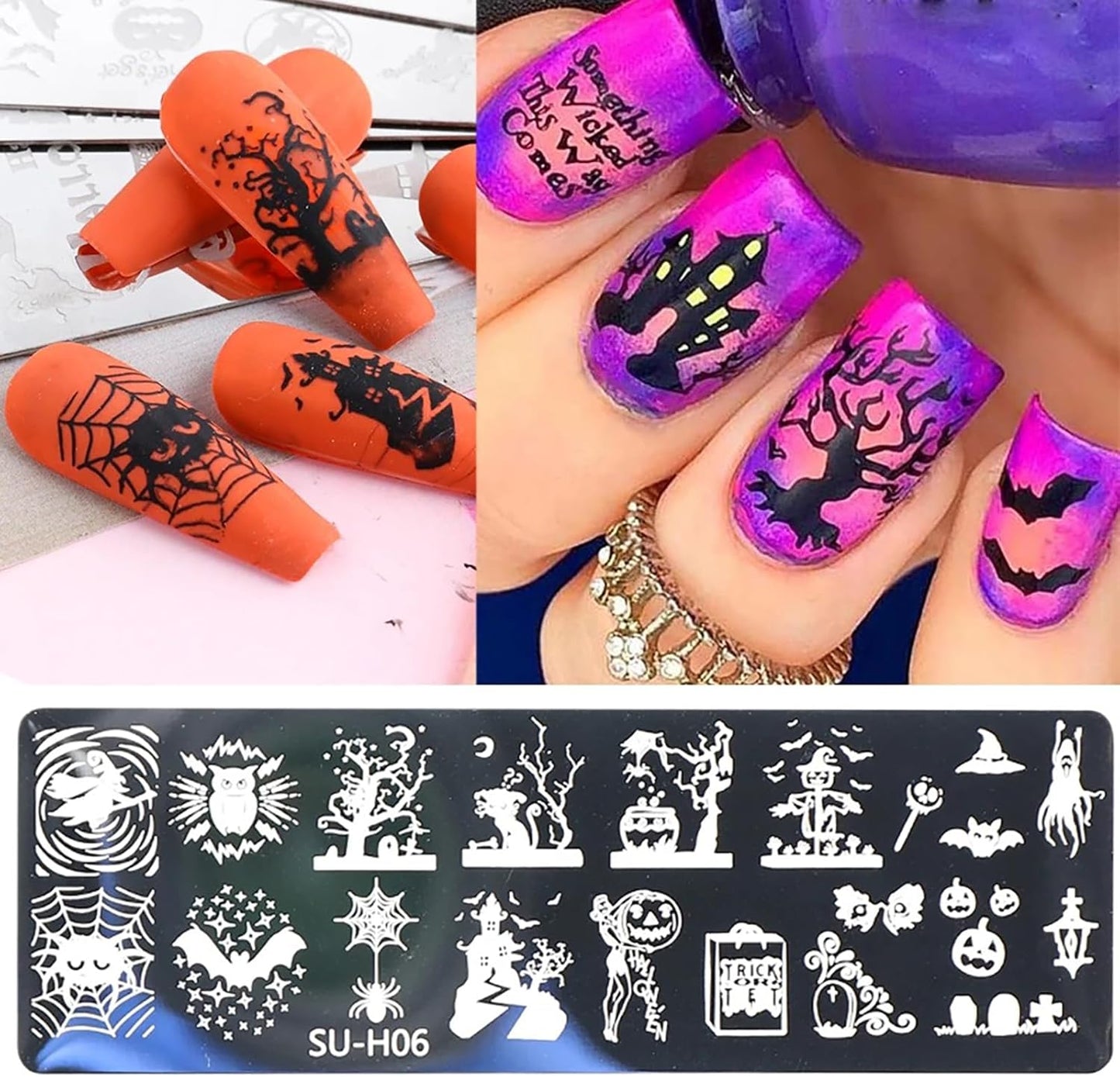 Halloween Nail Stamping Plate Art Stamping Kits DIY Printing Tools with Pumpkin Bat Witch Spider Owl Ghost Face Design Fashion Nail Stamp Art Decoration for Women 6Pcs-BrightBean Baby