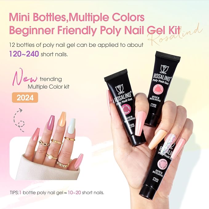 ROSALIND Poly Nail Gel Kit -14 Colors Nail Art Accessories kit Clear Nude Nail Extension Gel Starter with Slip Solution White Nude Pink Nail Extensions Gels Set with Mini UV Lamp-BrightBean Baby
