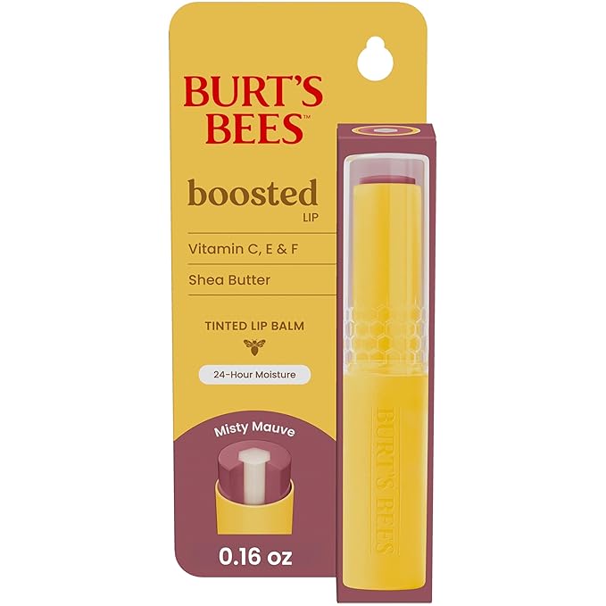 Burt’s Bees Back To School Gift Ideas, Tinted Boosted Balm, Misty Mauve, Hydrating Tinted Lip Balm with Vitamin C, E, and F Core, 24 Hour Lip Moisturizer, 100% Natural Origin, 1 Count, 0.16oz-BrightBean Baby