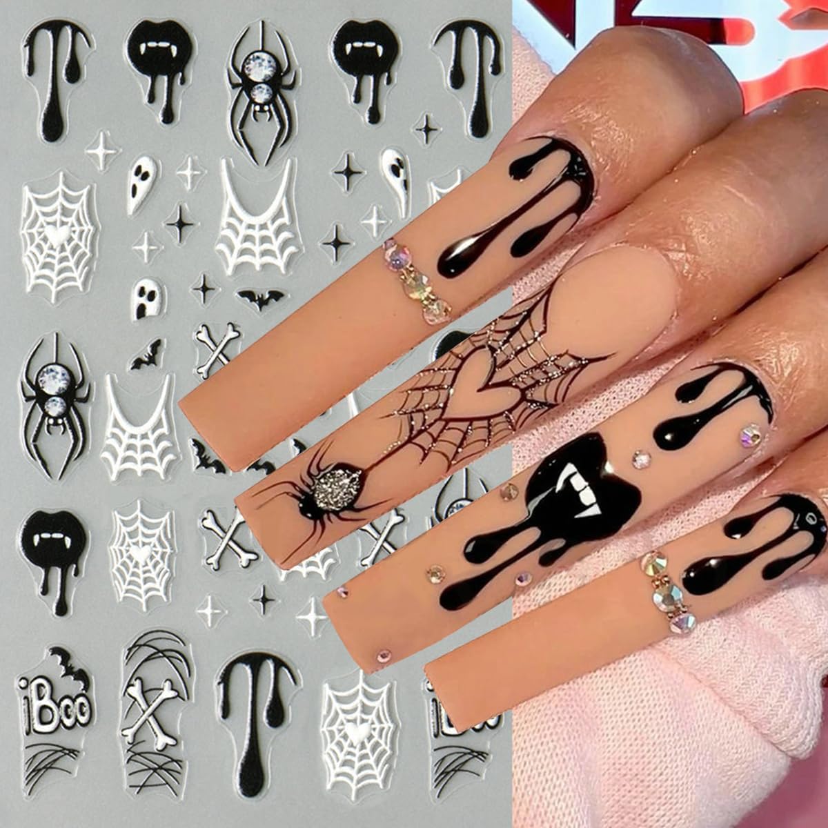 6Pcs Halloween Nail Stickers for Nail Art, Bat Spiders Nail Art Stickers Spider Web Black Rose Skull Ghost Nails Design Decals Halloween Nail Supplies for Women DIY Manicure Decoration Accessories-BrightBean Baby