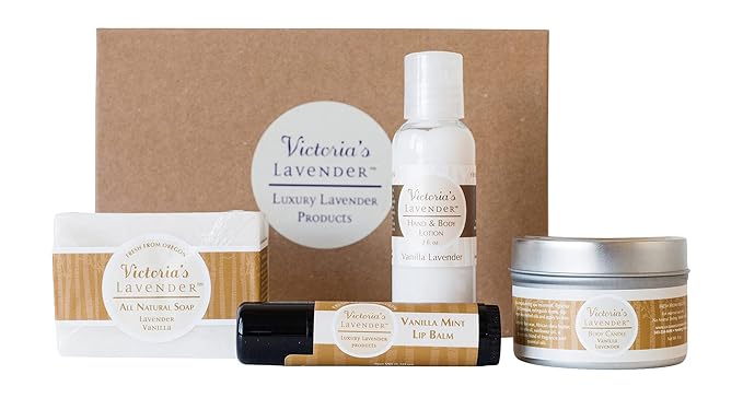 Victoria's Lavender Natural Body Products Gift Set - Handmade Soap, Hand & Body Lotion, Lip Balm, Body Candle Skin Care Sets & Kits, Lavender Bath and Body Products for Women, Vanilla Lavender-BrightBean Baby