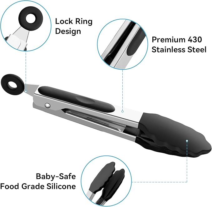 7-Inch Silicone Tongs Pack of 3, Small Tongs with Silicone Tips for Cooking, Barbecue, Buffet Serving (7", Black/Grey/White)