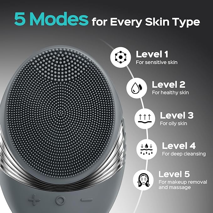 COSLUS Silicone Face Scrubber for Men: 5 Cleansing Modes Facial Cleansing Brush for Beard Care, Sensitive Skin - Deep Cleansing & Gentle Exfoliating, Waterproof Portable for Shower & Travel, Grey-BrightBean Baby