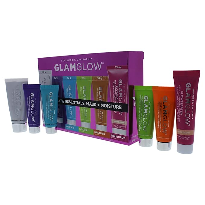 GLAMGLOW Glow Essentials Mask + Moisture Travel Set - SUPERMUD (0.7 oz), GLOWSTARTER NUDE (0.5 oz), GRAVITYMUD (0.35 oz), THRISTYMUD (0.35 oz), POWERMUD (0.35 oz) & FLASHMUD (0.35 oz)-BrightBean Baby