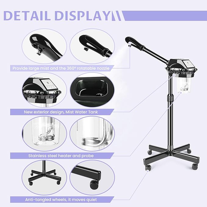 Professional Facial Steamer, Facial Steamer on Wheels, Face Steamer with Time Setting, Stand Face Steamer Adjustable Height for Spa, Salon and at Home use-BrightBean Baby