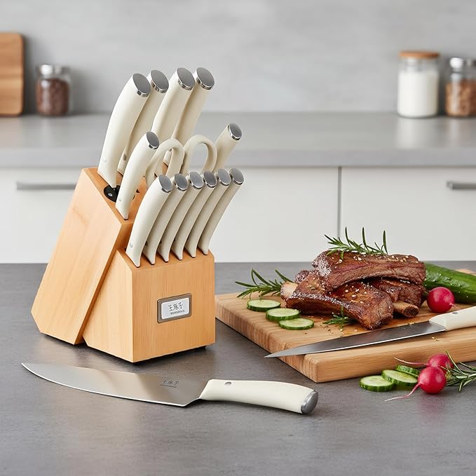 Newly Updated Sharp Chef Knife Set,High Carbon Stainless Steel Forged,Kitchen Knife Set Ergonomic Handle,Hundreds of Years of Masterful Craftsmanship(15PCS,Ivory)
