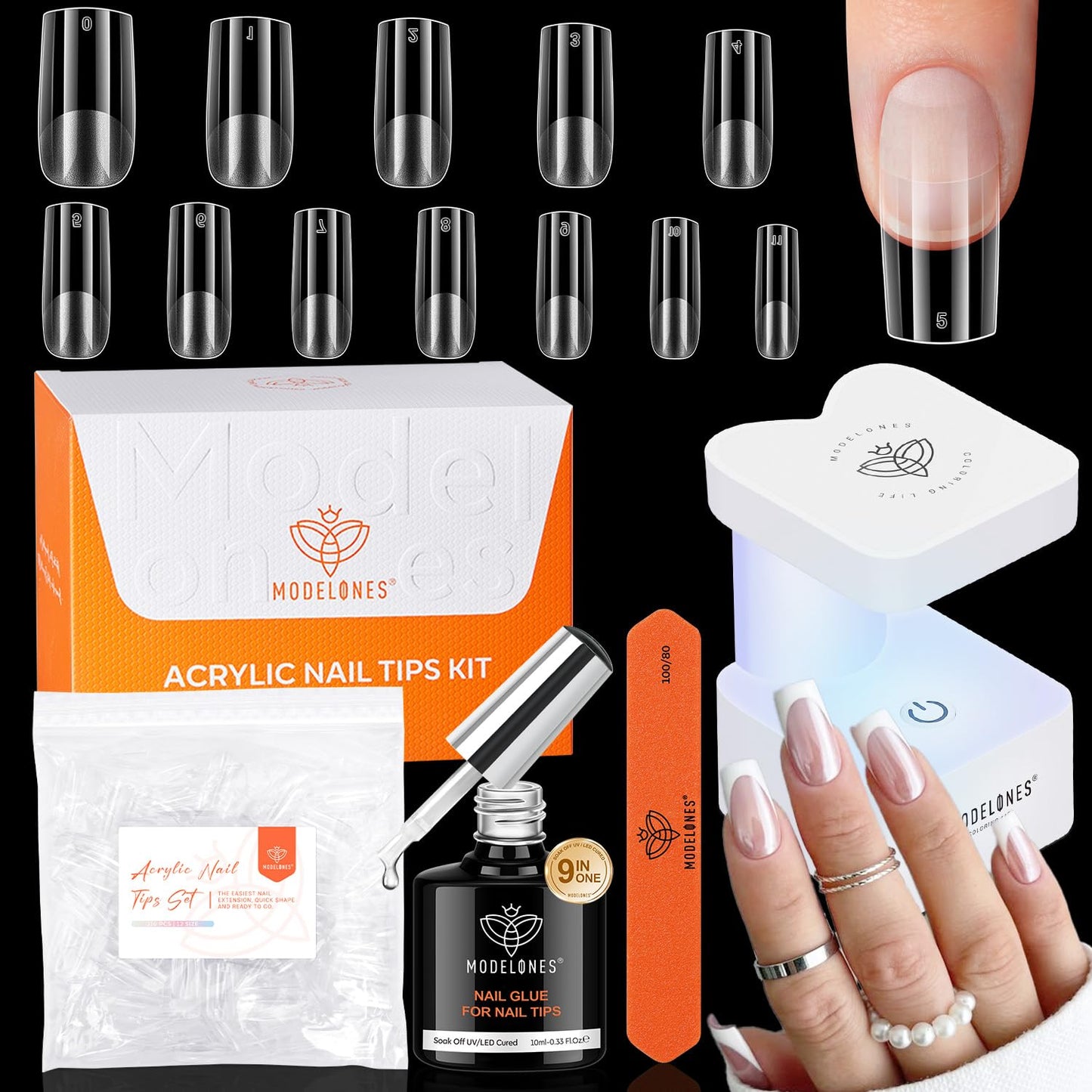 modelones Medium Square Gel Nail Tips Kit, 9-in-One Nail Glue with Portable U V Lamp 216Pcs 12Sizes Pre-Etched Press ons Fake Acrylic Extension Kit DIY Salon Gift for Women-BrightBean Baby