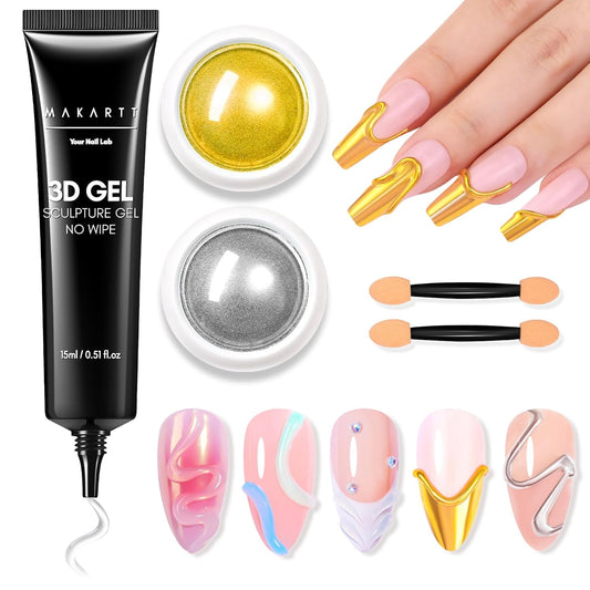 Makartt 3D Gel Nail Art & Chrome Nail Powder Kit: 15g Sculpting Gel for Nail Art DIY No wipe 3D Molding and Metallic Chrome Powder Set for Decoration Manicure Pedicure Use-BrightBean Baby