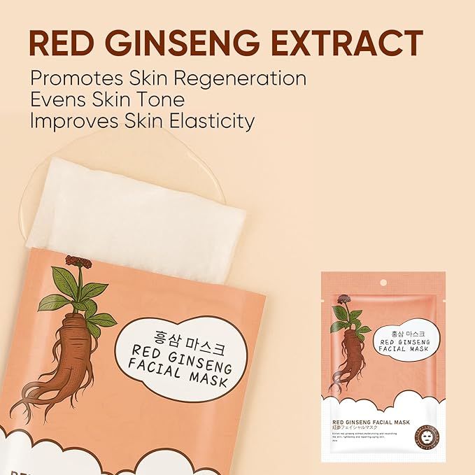 10Pack Sheet Face Masks Skincare for All Skin Types, Moisturizing Hydrating Face Masks Suitable for Sensitive Skin, Red Ginseng Face Masks for Wrinkles, Fine-Lines, Firmness and Elasticity-BrightBean Baby
