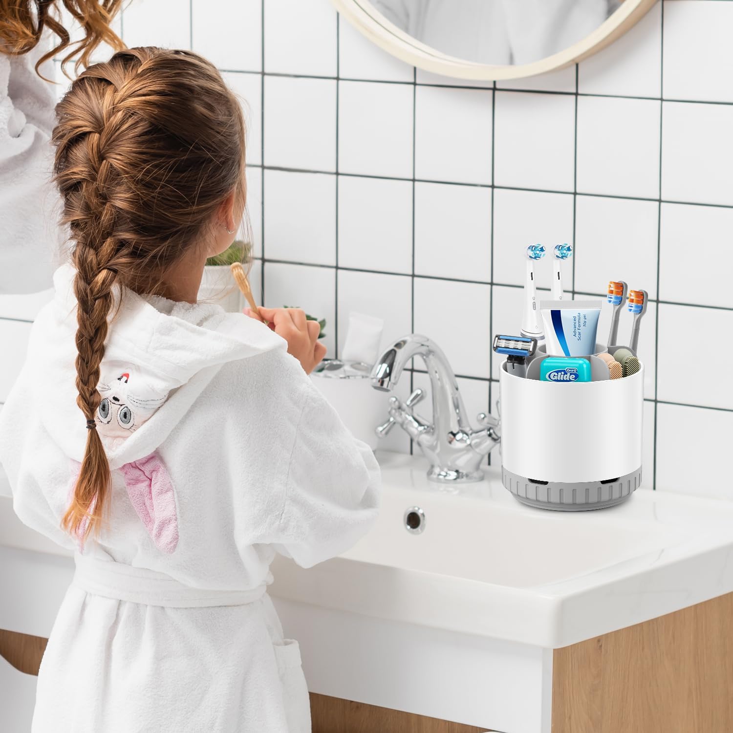 Toothbrush Holders for Bathrooms - White Rotating Kids Electric Toothbrush and Toothpaste Holder, Detachable 6 Slots Tooth Brush Organizer Bathroom Countertop Storage-BrightBean Baby