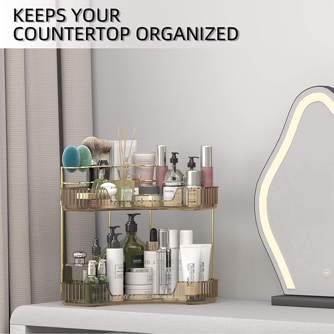 Corner Bathroom Counter Organizer with Top Toothbrush Holders, 2-Tier Make Up Organizers for Vanity with Brush Holder, Corner Storage for Bathroom, Kitchen, Dresser-BrightBean Baby