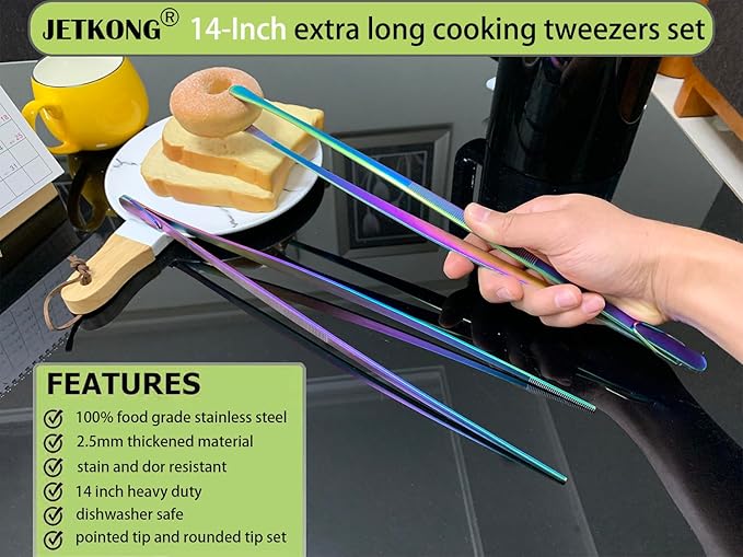 JETKONG 2 Pcs 14-Inch Culinary Tweezers Extra Long Food Tweezers Kitchen Tweezer Tongs for Cooking Grilling and BBQ (Rainbow)