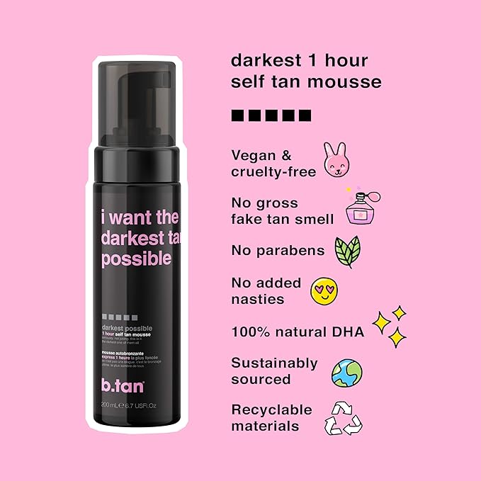 b.tan Ultra Dark Self Tanner Mousse | I Want The Darkest Tan Possible - Fast, 1 Hour Express Sunless Tanning Foam, Golden Bronzing Glow, Face & Body, No Fake Tan Smell, Vegan, Cruelty Free, 6.7 Fl Oz-BrightBean Baby