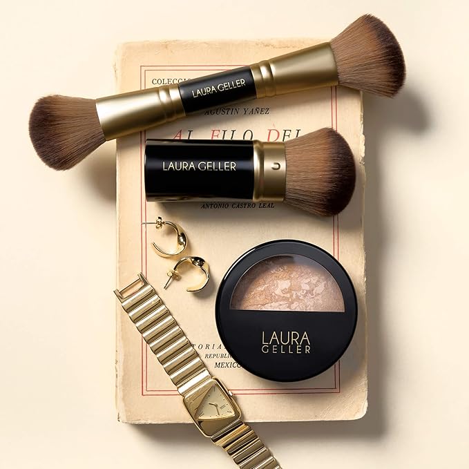 LAURA GELLER NEW YORK Face It All 2pc Makeup Brush Set - Retractable Airbrush Kabuki Brush + Dual-Ended Blush and Bronzer Brush-BrightBean Baby