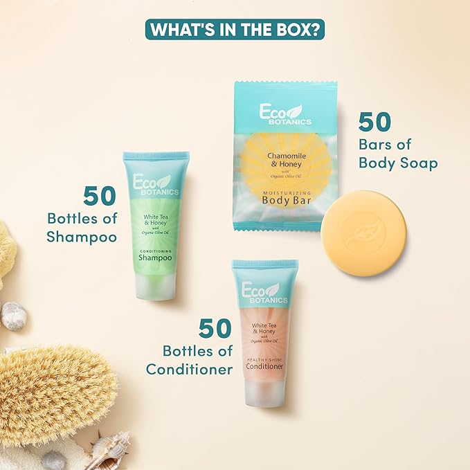 Eco Botanics Hotel Soaps and Toiletries Bulk Set | 1-Shoppe All-In-Kit Amenities for Hotels & Airbnb | 0.85 oz Hotel Shampoo & Conditioner, 0.89 oz Bar Soap Travel Size | 150 Pieces-BrightBean Baby