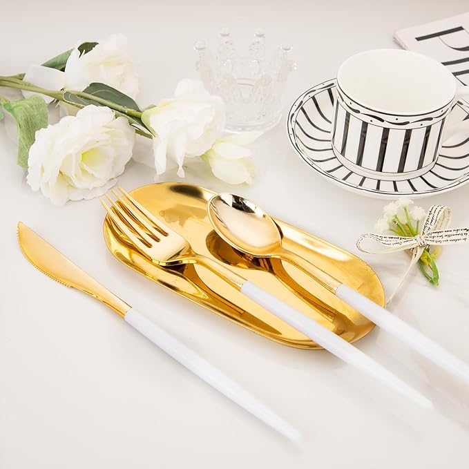 I00000 60 Pcs Gold Plastic Silverware - Heavy Duty Plastic Cutlery -Party Disposable Silverware Set，Disposable Cutlery Set Includes 20 Forks, 20 Knives, 20 Spoons Perfect for Wedding
