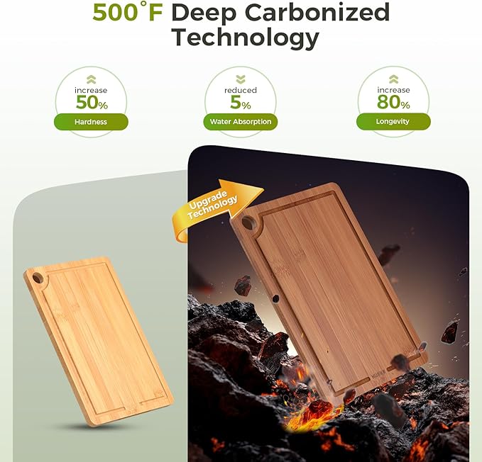 Bamboo Cutting Board for Kitchen, Wooden Cutting Board 3-Piece Set with Non-Slip Mat Deep Juice Groove and Built-In Handles, Wood Cutting Board for Meat Vegetables Fruit Ideal Gift for the Home