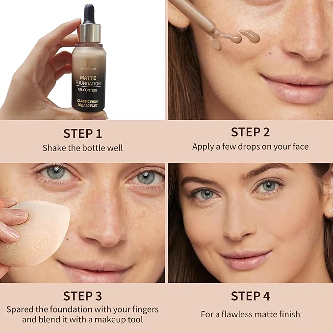 FV Full Coverage Liquid Foundation Makeup, Long Lasting Matte Foundation with Flawless Finish, Concealing & Minimizing Pores, Oil Control Waterproof for Oily Combination Skin, 1 Fl. Oz(Classic Ivory)-BrightBean Baby