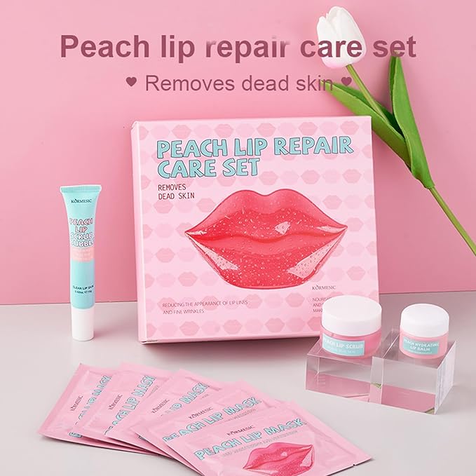 4 In 1 Peach Lip Care Kit With Lip Exfoliator Scrub And Moisturizer, Peach Scrub Bubble, Hydrating Lip Mask, Lip Scrubs Gentle Exfoliating, Instant Moisturizing, Lip Balm Hydrating For Very Dry Lips-BrightBean Baby
