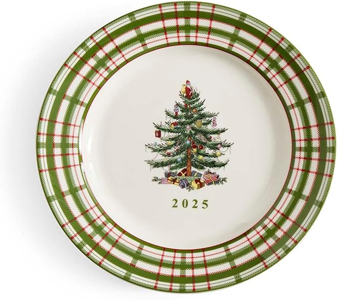 Spode Annual 2025 Collector Plate - Red & Green Plaid Border, Holiday Accent for Appetizers, Desserts & Display - 8 Inch Porcelain Plate, Microwave, Oven, Dishwasher & Freezer Safe