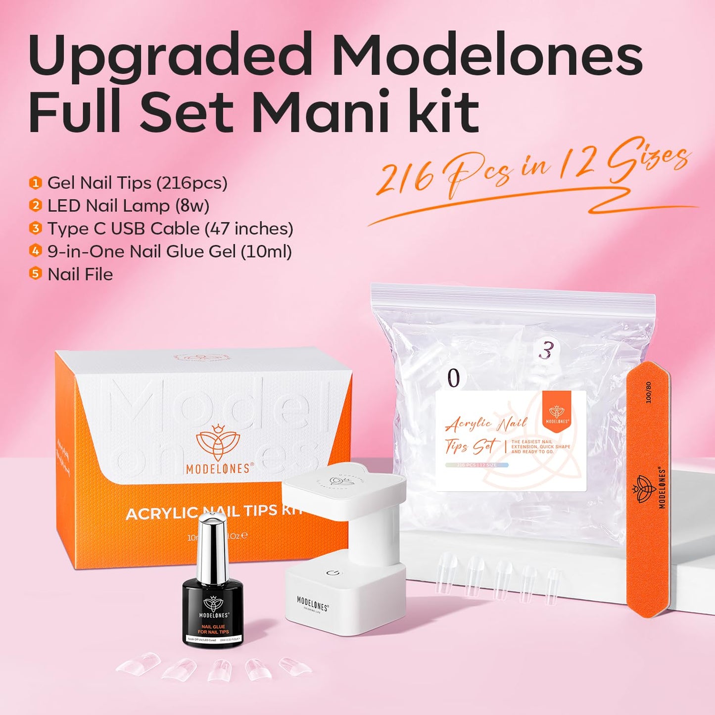 modelones Short Square Gel Nail Tips Kit, 9-in-One Nail Glue with Portable U V Lamp 216Pcs 12Sizes Pre-Etched Press ons Fake Acrylic Extension Kit DIY Salon Gift for Women-BrightBean Baby