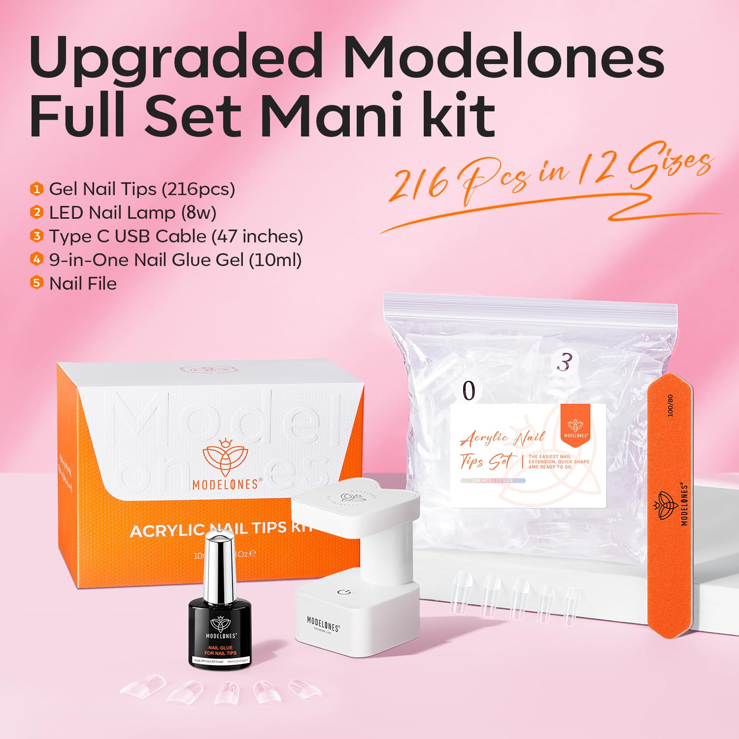 modelones Short Square Gel Nail Tips Kit, 9-in-One Nail Glue with Portable U V Lamp 216Pcs 12Sizes Pre-Etched Press ons Fake Acrylic Extension Kit DIY Salon Gift for Women-BrightBean Baby