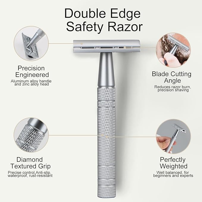 Double Edge Safety Razor with Stand, Single Blade Razors for Men and Women, Reusable Metal De Razor, Men's Safety Shaving Razors with 10 Double Edge Blades, Smooth and Close Shave, Matte Silver-BrightBean Baby